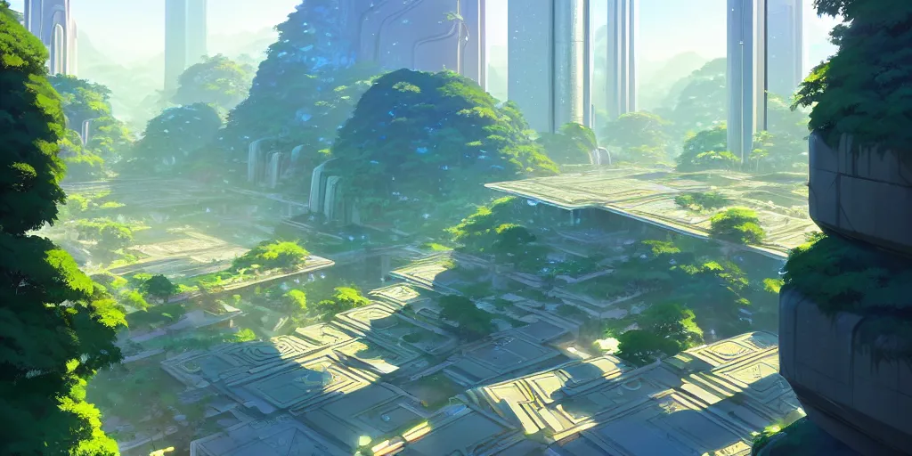 Prompt: futuristic ancient city hybrid with tall shiny marble buildings in an evergreen valley, several waterfalls, landscape, global illumination, morning light, radiant light, bird's eye view, by makoto shinkai and lois van baarle, ilya kuvshinov, rossdraws, tom bagshaw