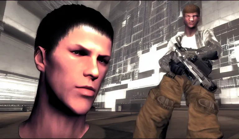 Image similar to Yung Lean in a cutscene from Deus Ex, 2000, screenshot