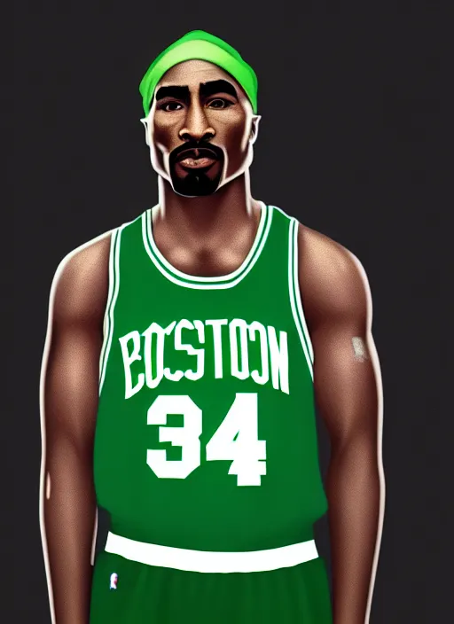 Image similar to portrait of tupac shakur, boston celtics jersey number 3 4, green, white, cartoon digital art, oil on canvas, trending on artstation, octane render