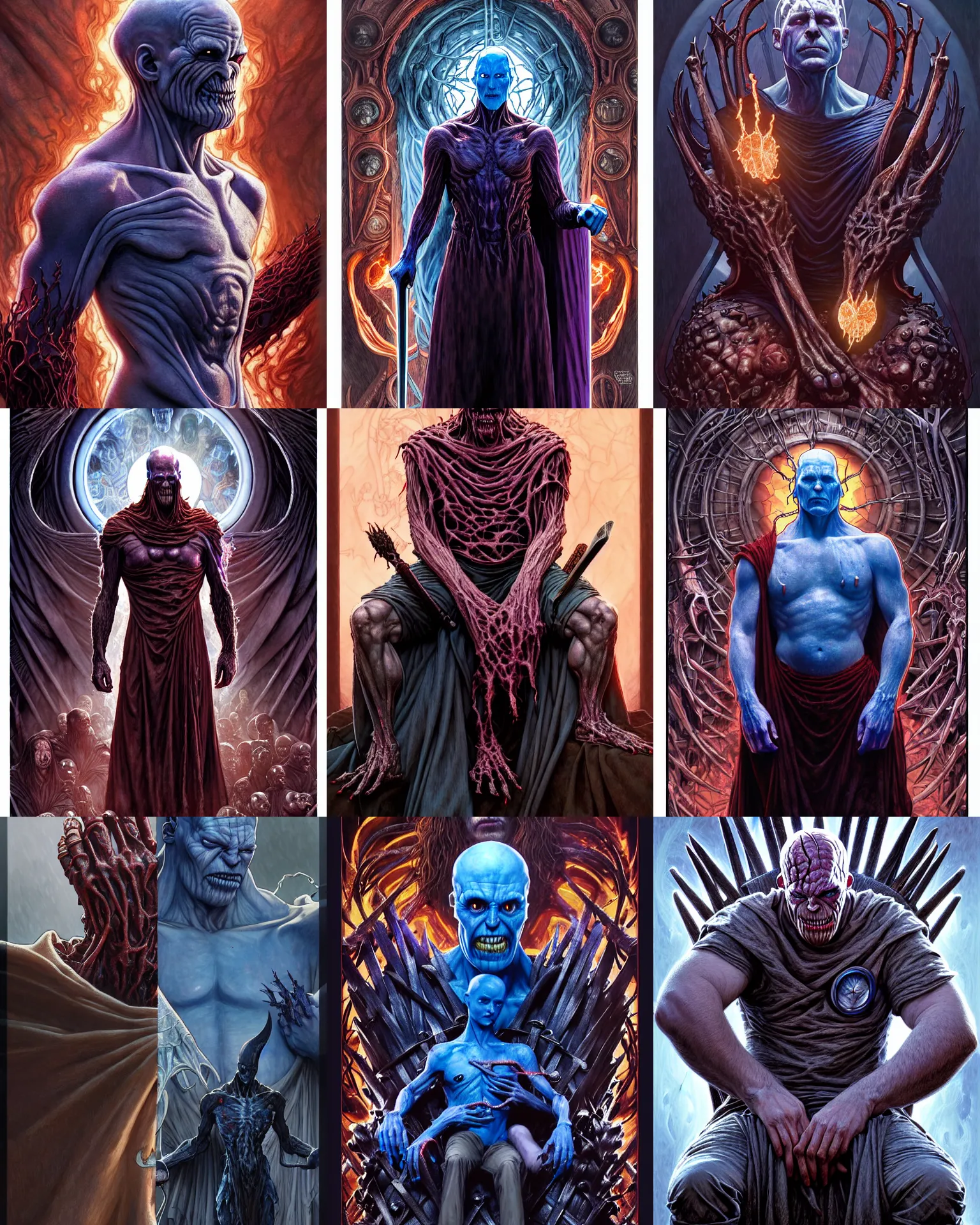 Prompt: the platonic ideal of game of thrones of cletus kasady ultimate carnage thanos dementor doctor manhattan chtulu nazgul, detailed, intricate, hyperrealism, intense, scary, decay, dmt, art by brock hofer and artgerm and greg rutkowski and alphonse mucha