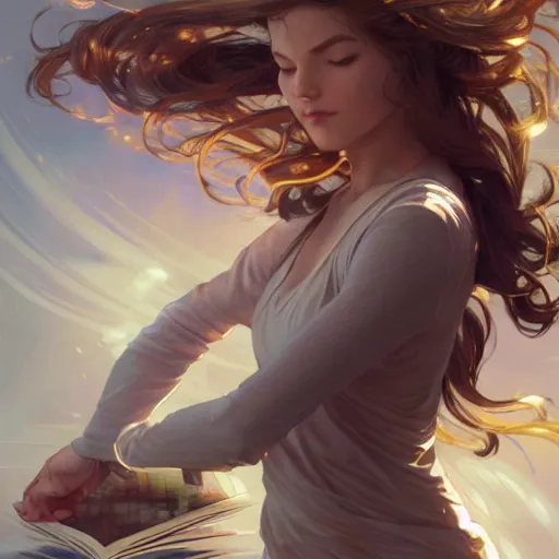 Prompt: a girl reading a book, dynamic action pose, hair flowing down, intricate, highly detailed, digital painting, artstation, concept art, smooth, sharp focus, illustration, Unreal Engine 5, 8K, art by artgerm and greg rutkowski and alphonse mucha