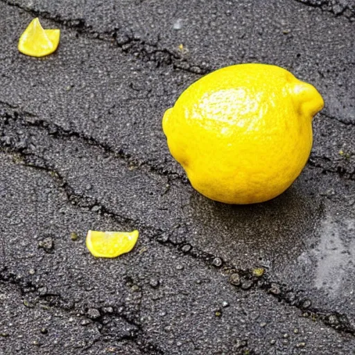 Prompt: lemons stuck in wet asphalt