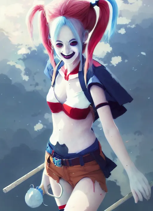 Image similar to portrait of cute anime harley quinn, cloudy sky background lush landscape illustration concept art anime key visual trending pixiv fanbox by wlop and greg rutkowski and makoto shinkai and studio ghibli