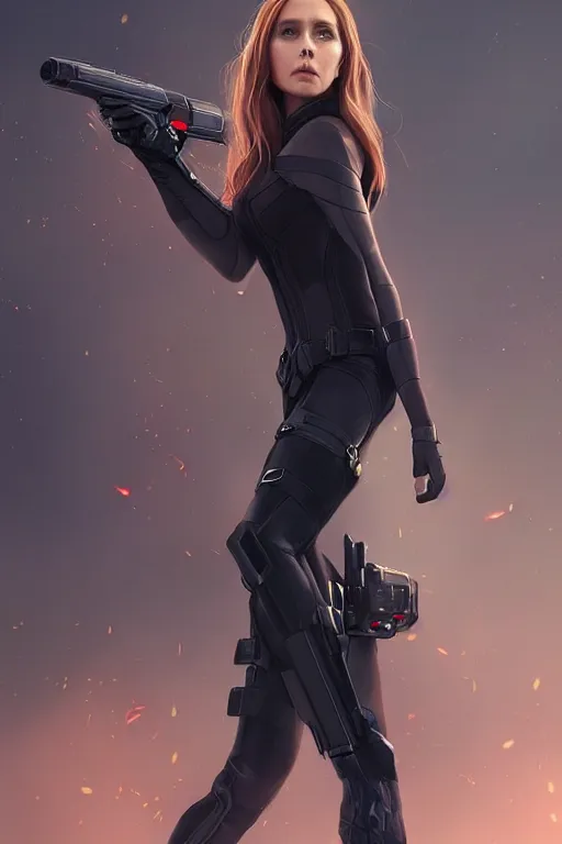 Image similar to Full body long camera shot of very beautiful, elizabeth olsen as black widow, full of details, digital illustration, concept art, smooth, by Ina Wong and wlop ，trending on cgsociety and artstation，8kHDR，studio light effect