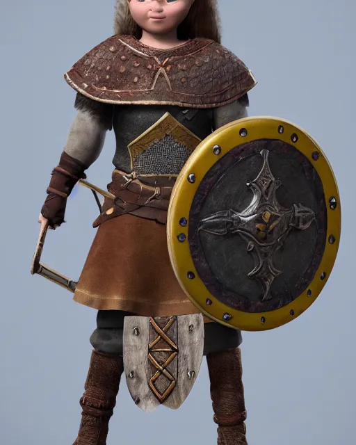 Image similar to a toy of a viking girl with her shield raised to defend, pixar style, authentic viking armor, historically accurate, clean detail, symmetrical, octane render, studio lighting