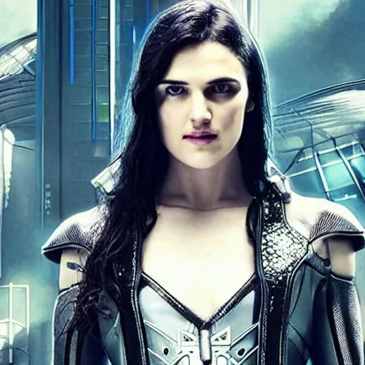 Image similar to Katie McGrath as Cyberpunk Morgana