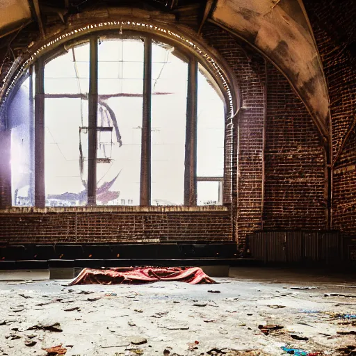 Prompt: abandoned circus, there is one person in the middle of the stage, photograph, 50mm