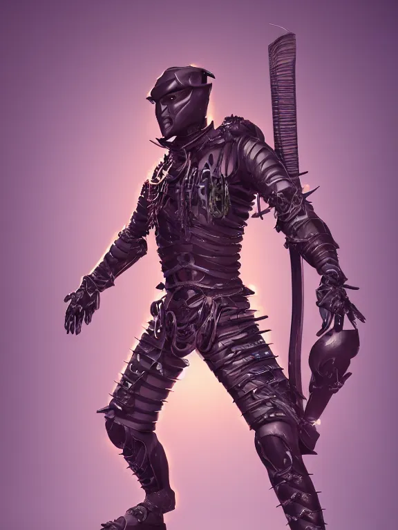 Image similar to full body front view portrait of natural, bio - mechanical ninja samurai, character design, made in blender, octane render, ray tracing, ultra detailed, fantasy, neon lighting, posing,