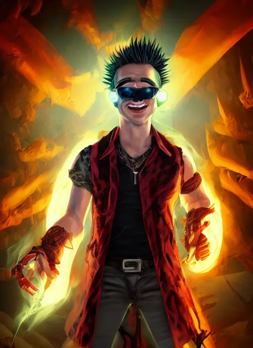 Image similar to An epic fantasy comic book style portrait painting of young man with red spiked long hair, using an orange lens googles. Wearing a black waistcoat, white shirt. He is with a vicious smile in face. Unreal 5, DAZ, hyperrealistic, octane render, cosplay, RPG portrait, dynamic lighting