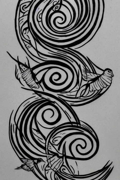 Image similar to a simple tattoo design of flying birds in a 8 shape spiral, black ink, logo