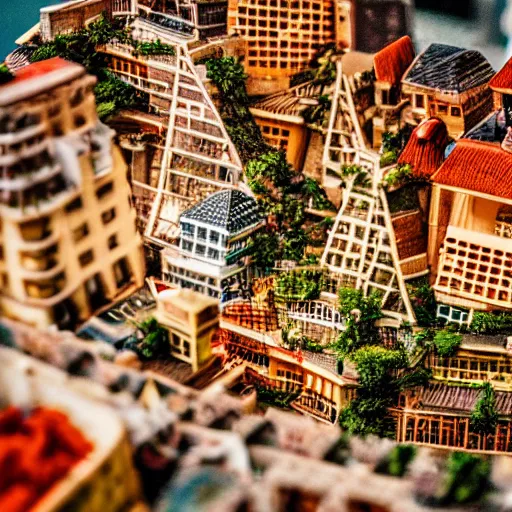 Prompt: macro photo of a miniature secret hidden world with tiny buildings and people inside of a lasagna