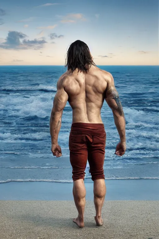 Prompt: a very muscular and defined man wearing ripped pants and shirt looking to the sea at sunset, godrays, complementary colors, natural lighting, portait image, path tracing, serene landscape, high quality, highly detailed, 8K, soft colors, warm colors, turbulent sea, high coherence, anatomically correct, hyperrealistic, concept art, defined face, five fingers, looking to the camera