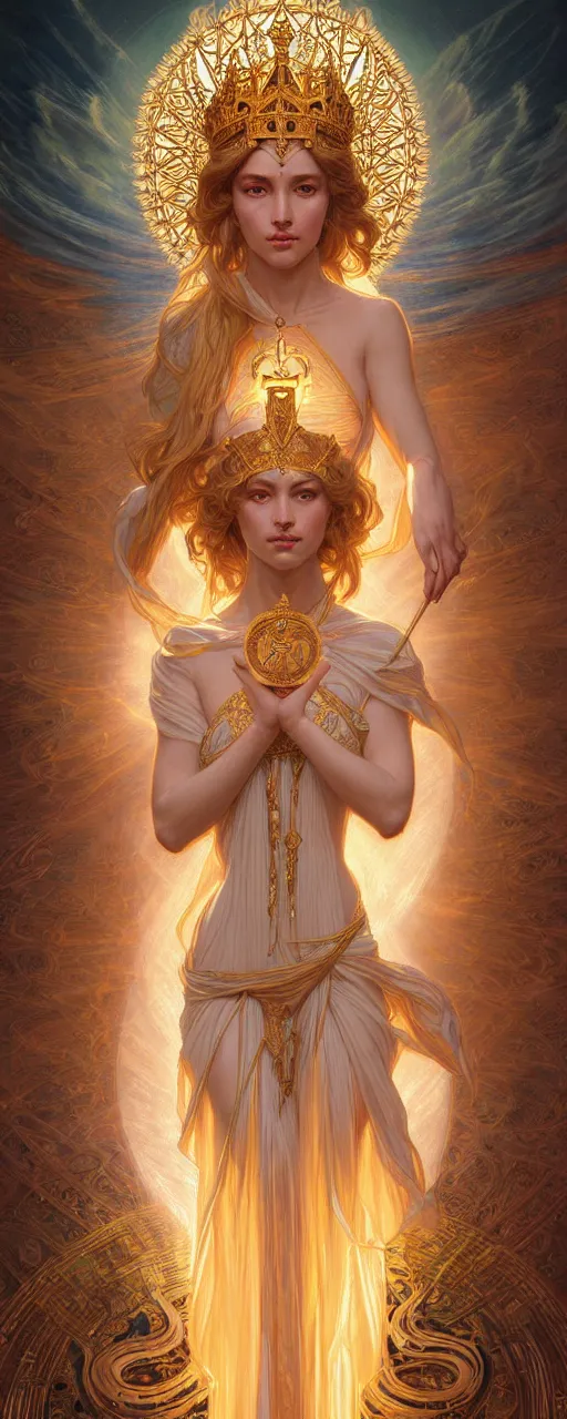 Image similar to perfectly detailed tarot card empress goddess of light!! blessed by nature with ever - increasing physical mental perfection, symmetrical! intricate, sensual features, highly detailed, biblical divine holy perfection!! digital painting, artstation, concept art, smooth, sharp focus, illustration, art by artgerm and greg rutkowski and alphonse mucha