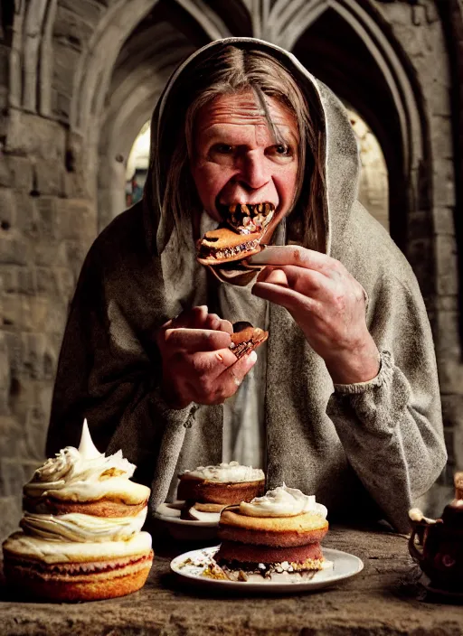 Image similar to closeup portrait of a medieval goblin eating cakes in the cloisters, depth of field, zeiss lens, detailed, symmetrical, centered, fashion photoshoot, by Annie Leibovitz and Steve McCurry, David Lazar, Jimmy Nelsson, Breathtaking, 8k resolution, extremely detailed, beautiful, establishing shot, artistic, hyperrealistic, beautiful face, octane render