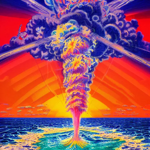 Image similar to nuclear bomb exploding in the ocean, extreme vivid colors, abstract realism, highly ornate intricate details, 1 9 2 0's colored pencil, 4 k, cinematic lighting,