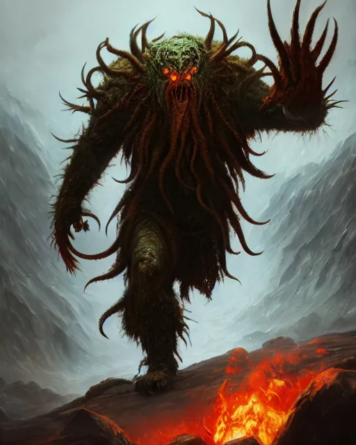 Image similar to oil painting of Angry Anthropomorphized Cthulhu Berserker, wearing fur armor, claws, sharp focus, attack pose, fantasy style, octane render, volumetric lighting, 8k high definition, by greg rutkowski, highly detailed, trending on art Station, magic the gathering artwork, burning Battlefield background, centered