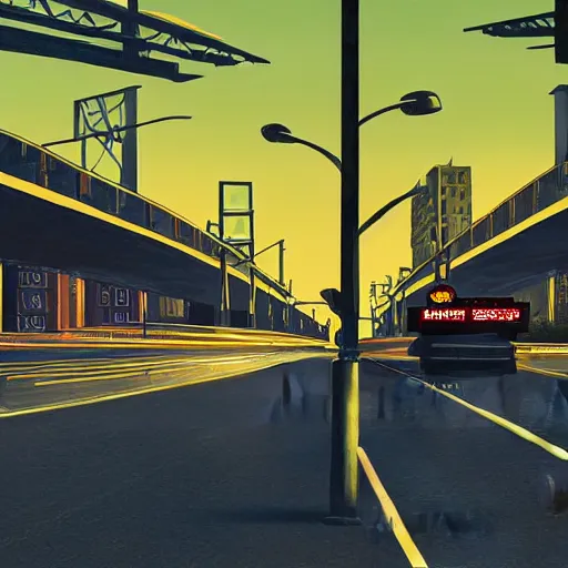 Image similar to ups deliveryman drived ups truck down art deco highway, goliath statue support beams, ayn rand raised highway, filiment buld traffic lights, golden light, dark oil painting, global illumination