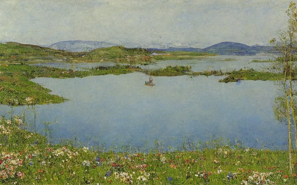 Image similar to a painting of large lake in norway, spring, oil on canvas, by carl larsson