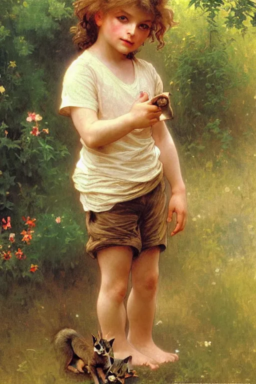 Image similar to a seven - year old with curly dirty blonde hair, blue eyes, tan skin a tee shirt and shorts, playing with foxes, painting by daniel gerhartz, alphonse mucha, bouguereau, detailed art, artstation