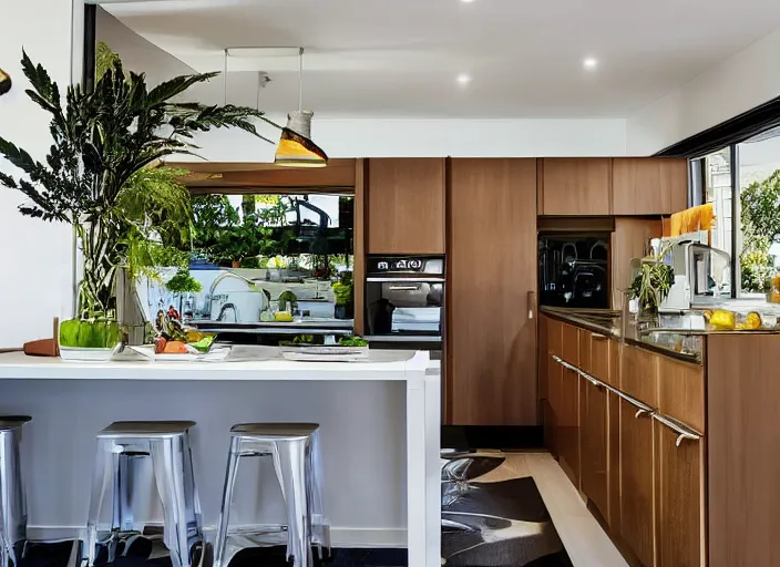 Image similar to luxurious cannabis kitchen in australian suburban everyday life, charming and tranquil