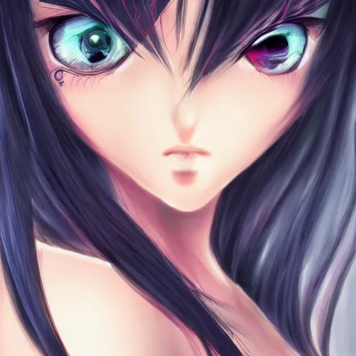 Prompt: professional anime digital art of a beatiful girl with long black hair; red eyes; face portrait; beautiful, appealing face, trending art