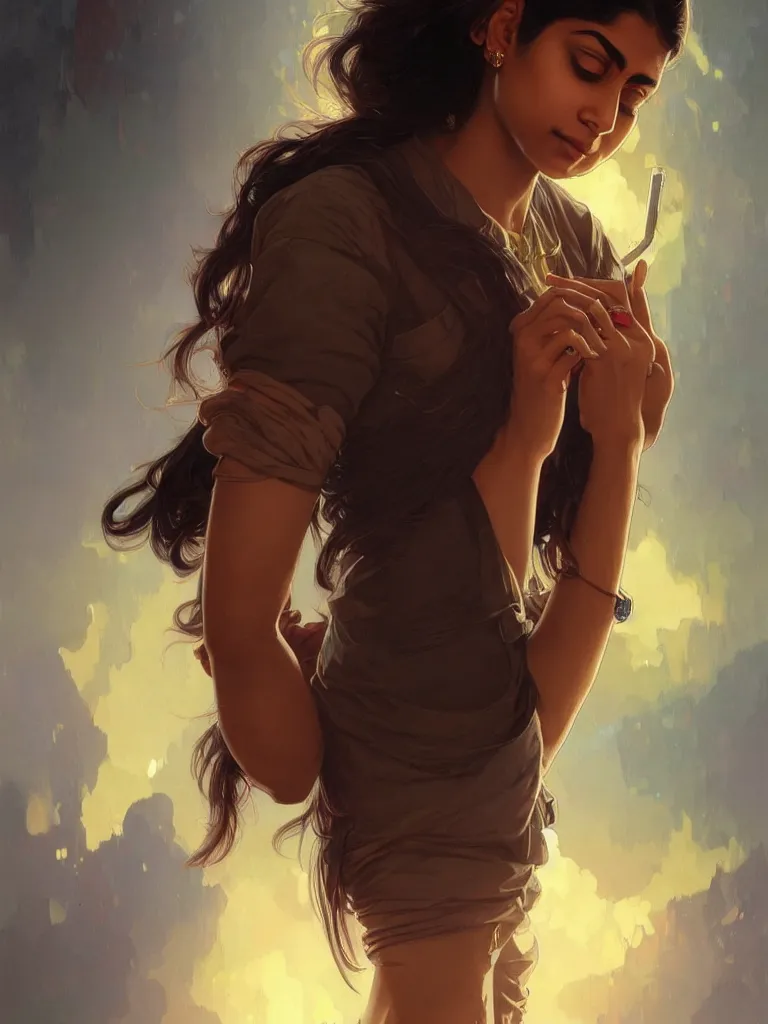 Prompt: Anxious pretty young Indian doctor wearing jeans leaving a plane, portrait, sci-fi face, elegant, highly detailed, digital painting, artstation, concept art, smooth, sharp focus, illustration, art by artgerm and greg rutkowski and alphonse mucha