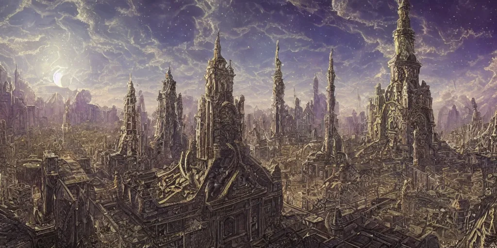 Prompt: an concept art of the ancient eldritch city, surrounded by monumental obelisks, lovercraft, intricate details, detailed sky, detailed structures, starry night, artstation, epic scenery, colourful light, cinematic, by kentaro miura and vasnetsov