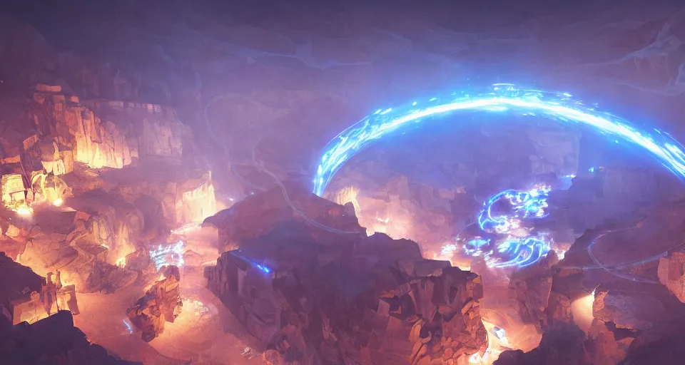 Image similar to night, a lot of people and a spiral - shaped white luminous attractor is floating in grand canyon, concept art, art for the game, professional lighting, art