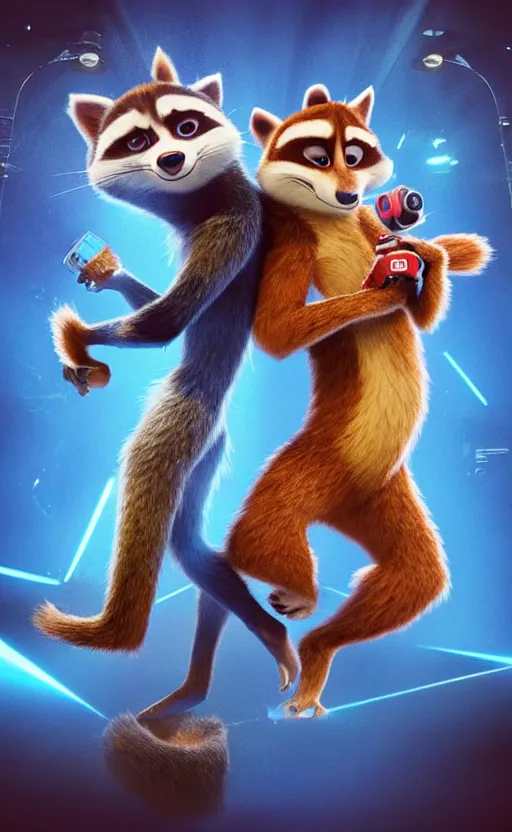 Image similar to “red racoon holding laser gun standing face to face off with blue racoon holding laser gun, boxing style face off, cinematic, dramatic in the style of zootopia”