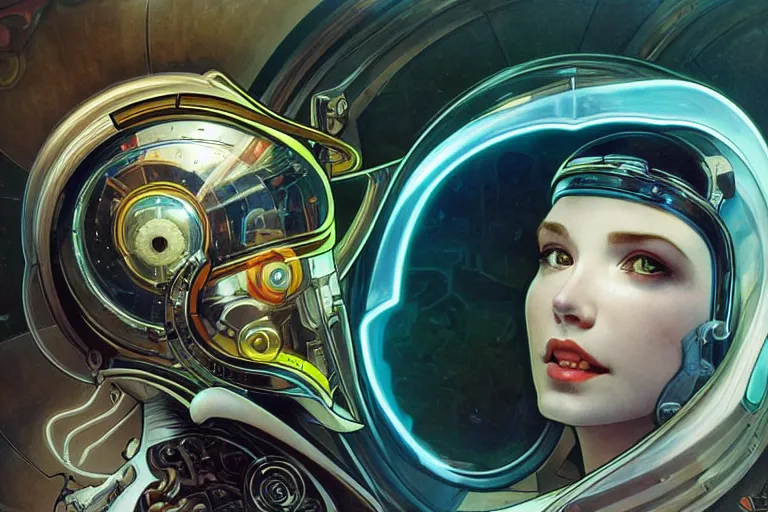 Prompt: portrait of a biomechanical head inside a futuristic space helmet, vintage, neon, white metal, iridescent visor, smooth, sharp focus, high detail, deviantart, art by Artgerm and Alphonse Mucha,