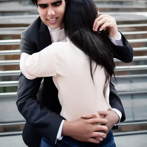 Image similar to handsome blackhaired guy hugs a cute beautiful girl from behind