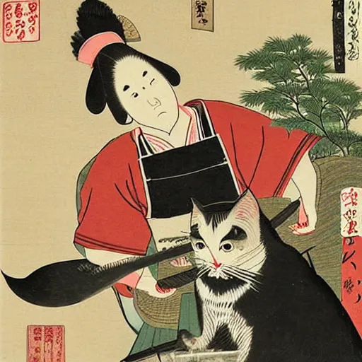 Image similar to angry handsome japanese butcher slices up parsley with a tabby cat sitting next to him, vintage, painting by utamaro