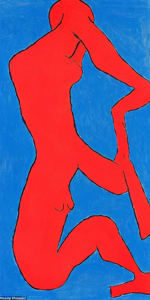 Prompt: full body portrait of a person who has chest pains, they are coughing and clogged and they have fear and pain and burning, in the style of Matisse in a red and cerulean blue theme