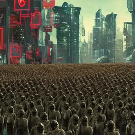 Prompt: award-winning cinematic still of an army of human clones with their faces visible, highly-detailed, establishing shot, cyberpunk style