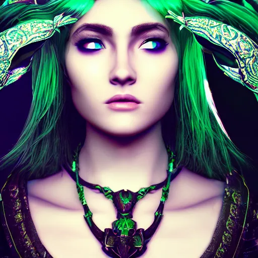 Prompt: portrait of moon sorceress, beautiful, attractive, glowing, jaw dropping, dynamic lighting, dark, menacing, intricate and detailed, 4 k octane render, green eyes, age 2 0