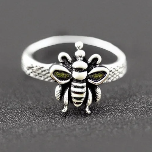 Prompt: a bee - patterned silver stone ring, realistic, high detailed, light colors