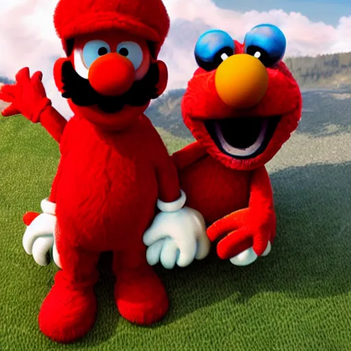 Image similar to elmo and mario adventure together