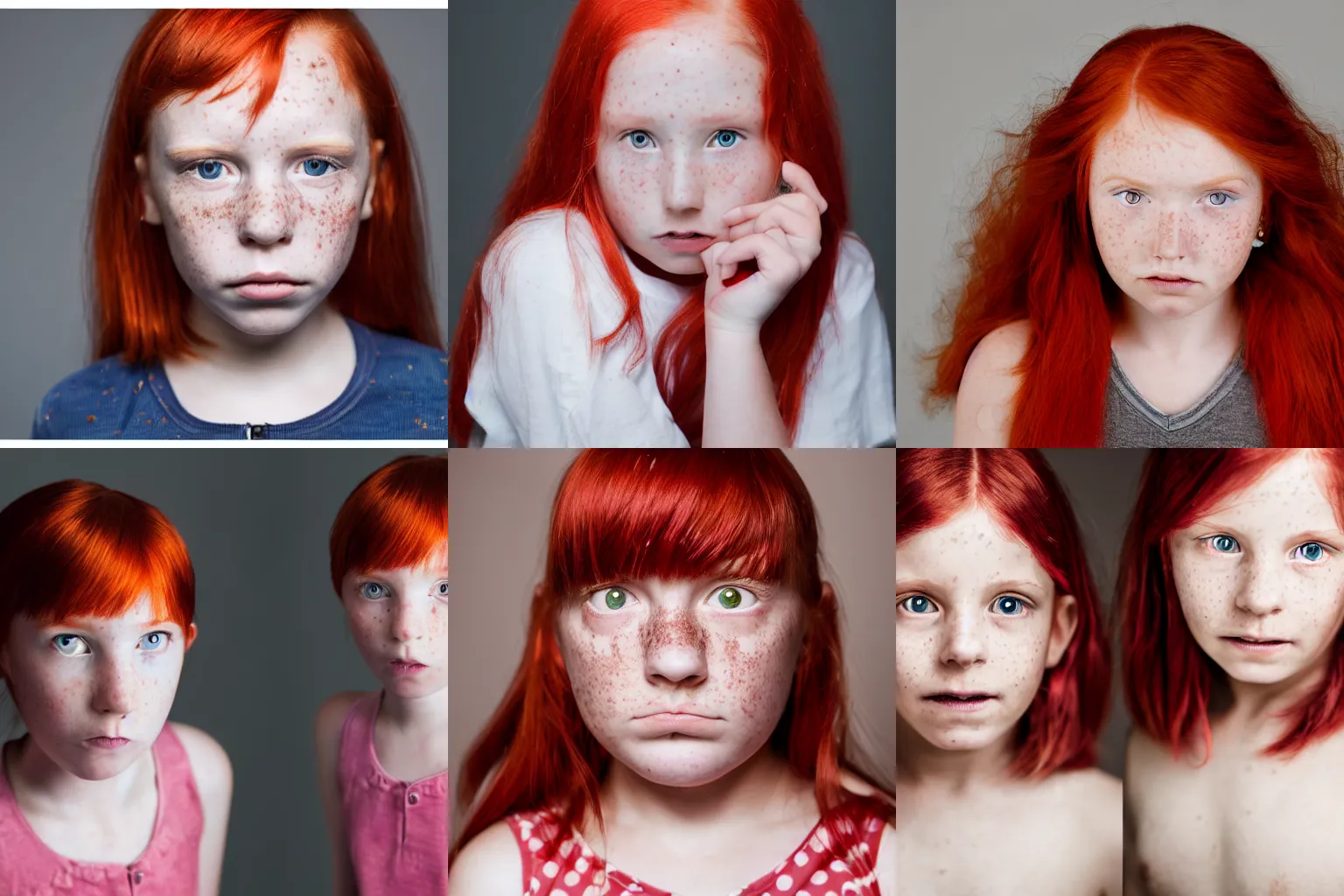 Prompt: A 10 year old girl with a serious expression, red hair, freckles, studio quality, studio lighting
