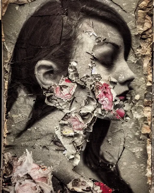 Prompt: a woman's face in profile, made of broken floral shards, in the style of the Dutch masters and Gregory Crewdson, dark and moody