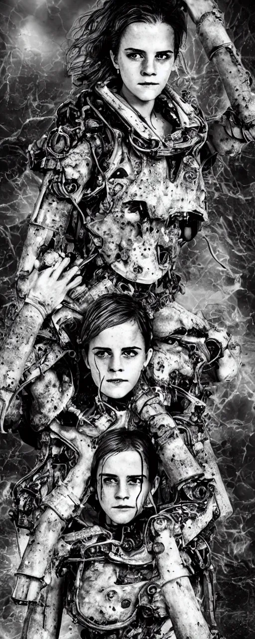 Prompt: photorealistic Emma Watson conjoined closeup angry tired fighting yelling warface face vascular nerve bundles fractal mecha spinal chord fractal armour twinned conjoined sisters action poses dishevelled photorealistic portrait grimy sweating bloody oily wet face dirty t-shirt and torn jeans in broken biomechanical fractal armour abandoned exploding sci-fi abandoned coal power station being reclaimed by the jungle, cinematic lighting, dark and dim atmospheric smog trending on artstation 8k matte painting, dramatic lighting, dramatic shadows professional photograph by Patrick Demarchelier, Sparth and Greg Rutkowski