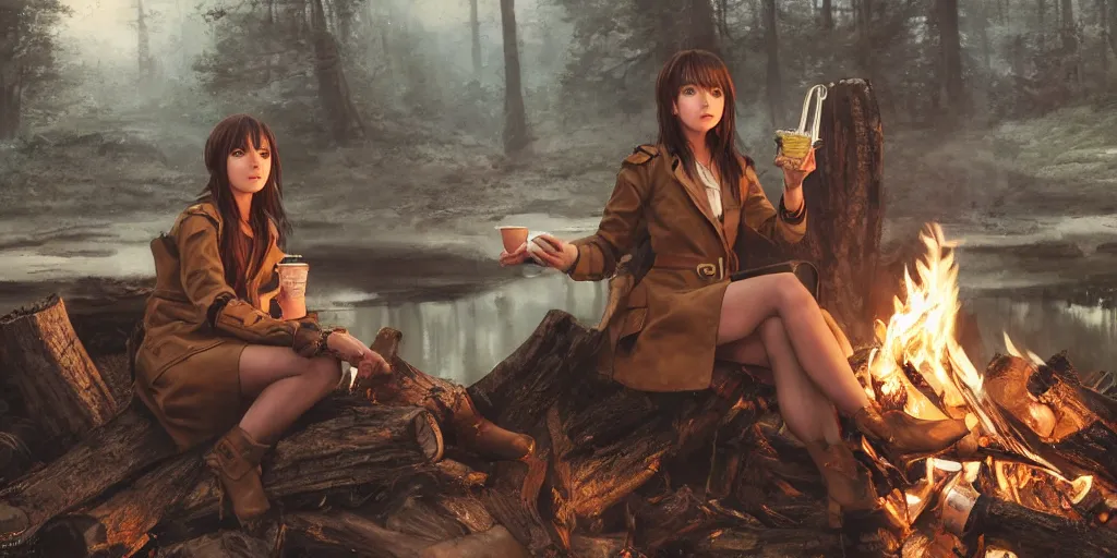 Image similar to a girl from final fantasy live action, with short black hair and green eyes in a tan trenchcoat sitting on a log and drinking tea by the campfire by her dieselpunk motorcycle at night, award winning, masterpiece digital painting by greg rutkowski, alex grey, artstation, 4 k wallpaper