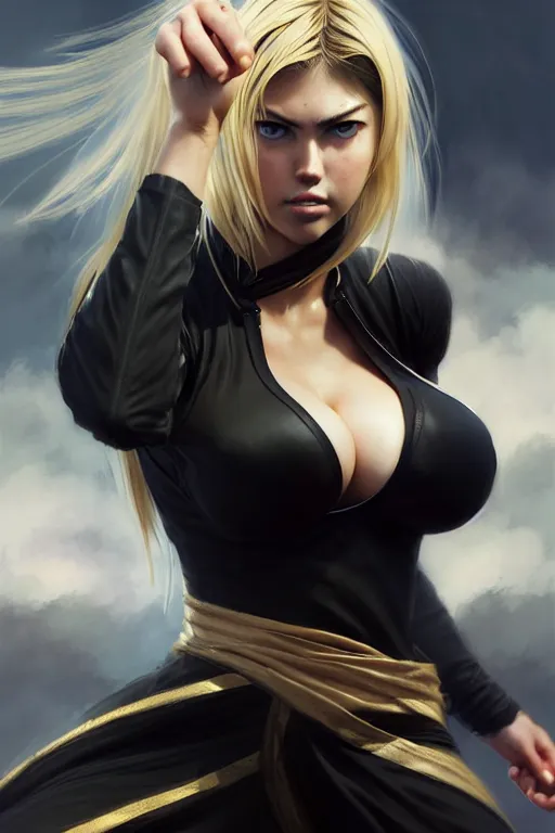 Image similar to Tekken 4 fighter anime Stunning Portrait of Kate Upton wearing a long black dress by Greg Rutkowski, blonde long hair, in a fighting stance, digital painting, artstation, concept art, soft light, hdri, smooth, sharp focus, illustration, art by tian zi, craig mullins, Mark Arian, WLOP, alphonse mucha