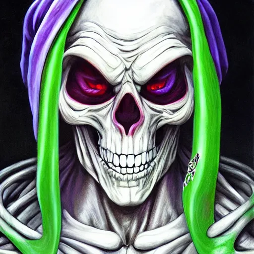 Image similar to ultra realistic portrait painting of skeletor as piccolo, art by akira toriyama, 4 k, ultra realistic, highly detailed, epic lighting