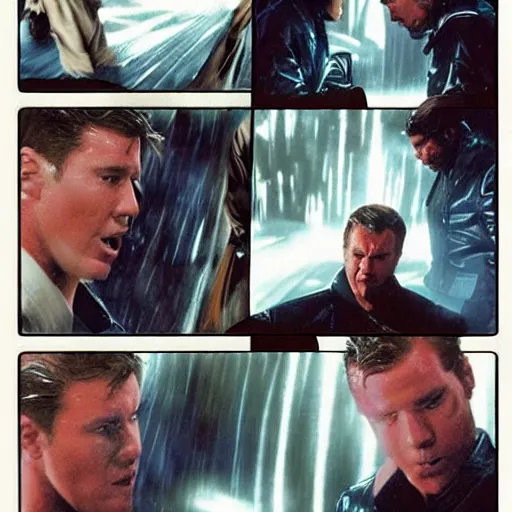 Image similar to the iconic fight between smith and neo in the rain, only instead of smith the are all obi wan kenobi clones