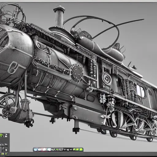 Image similar to front half of airplane cross section, with mechanical gyroscopes and steampunk, seen from behind, a steamtrain smashes into the back of it, vray maya 3D render still, hyperrealistic detailed