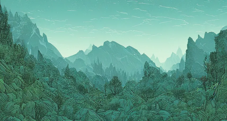 Image similar to a beautiful landscape with trees and mountains, by kilian eng