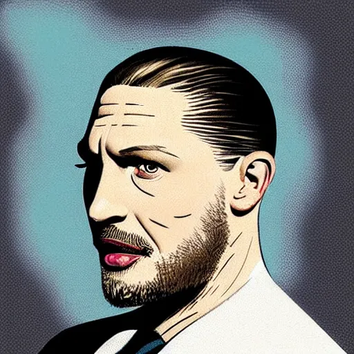 Image similar to “Tom Hardy portrait, color vintage magazine illustration 1950”