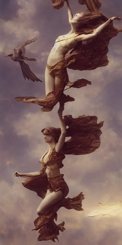 Image similar to Jennifer flies away, masterpiece by Edgar Maxence and Ross Tran and Michael Whelan, gustav dore, 8k, octane render