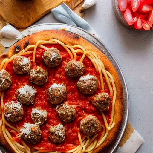 Prompt: a delicious meatball pizza with crust made of semolina spaghetti.