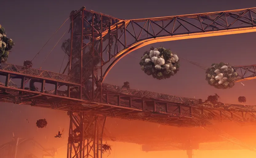 Prompt: explosions in the form of realistic cotton plants cover big harbour bridge, smooth, sharp focus, highly detailed, 3 d octane render, epic lighting, dark atmosphere, post apocalyptic, 8 k, by goro fujita